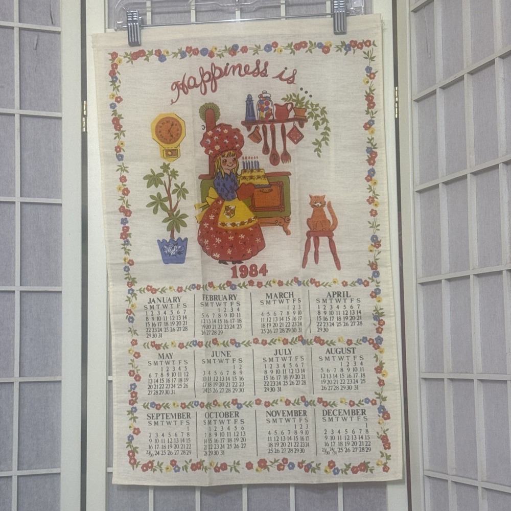 Vtg 1984 Fabric Calendar Towel Happiness Is Girl Baking Cat Retro Kitchen LN